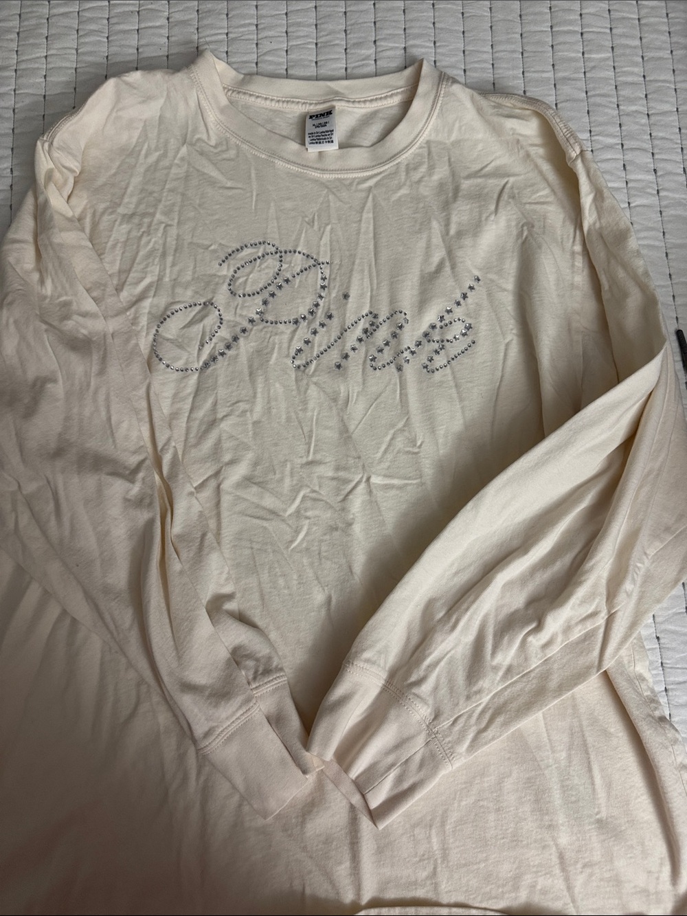 PINK Victoria's Secret Cream Long-Sleeve Rhinestone Logo Tee